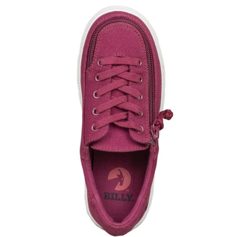 Kid's Wine BILLY Classic Lace Lows, zipper shoes, like velcro, that are adaptive, accessible, inclusive and use universal design to accommodate an afo. Footwear is medium and wide width, M, D and EEE, are comfortable, and come in toddler, kids, mens, and womens sizing.