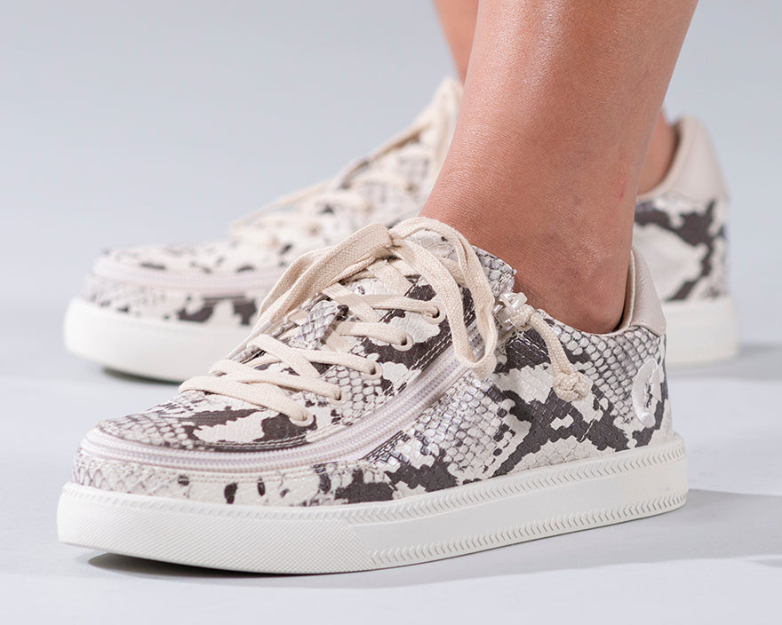 Women's Snake BILLY Classic Lace Lows, zipper shoes, like velcro, that are adaptive, accessible, inclusive and use universal design to accommodate an afo. Footwear is medium and wide width, M, D and EEE, are comfortable, and come in toddler, kids, mens, and womens sizing.
