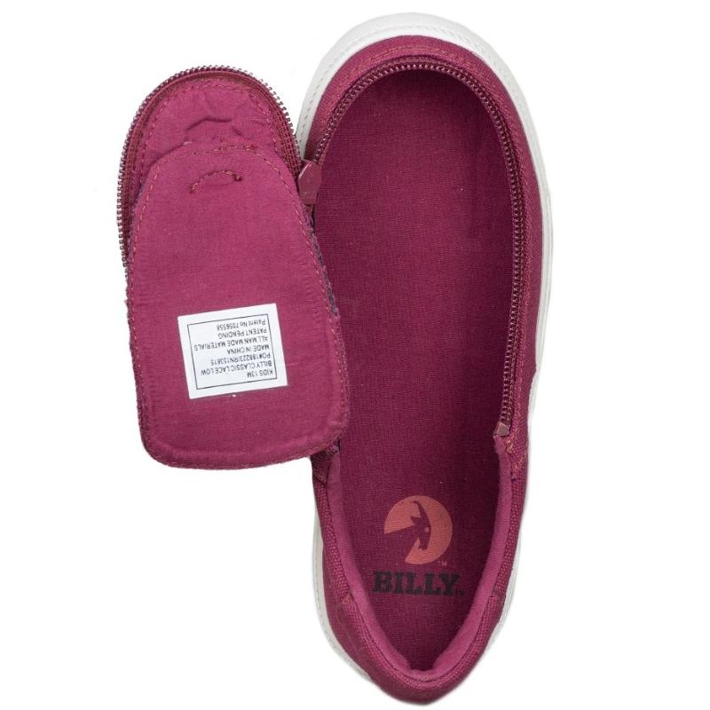 Kid's Wine BILLY Classic Lace Lows, zipper shoes, like velcro, that are adaptive, accessible, inclusive and use universal design to accommodate an afo. Footwear is medium and wide width, M, D and EEE, are comfortable, and come in toddler, kids, mens, and womens sizing.