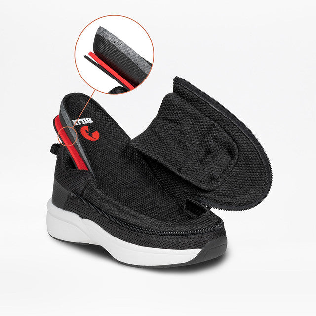 Black BILLY Limitless Low Top Shoes with FlipTop Technology, featuring a wrap-around zipper for easy access and interchangeable cushioned inserts.