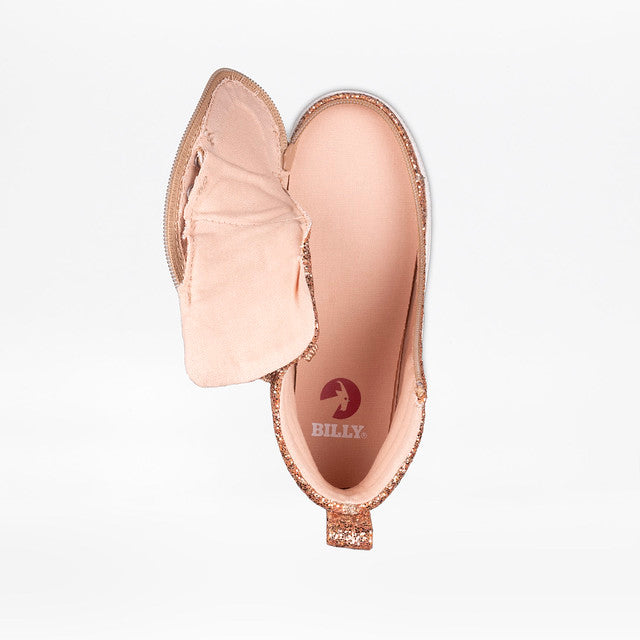Billy Footwear (Kids) - Rose Gold Glitz CS Canvas Shoes featuring high tops, functional laces, and a wraparound zipper for easy wear and custom fit.