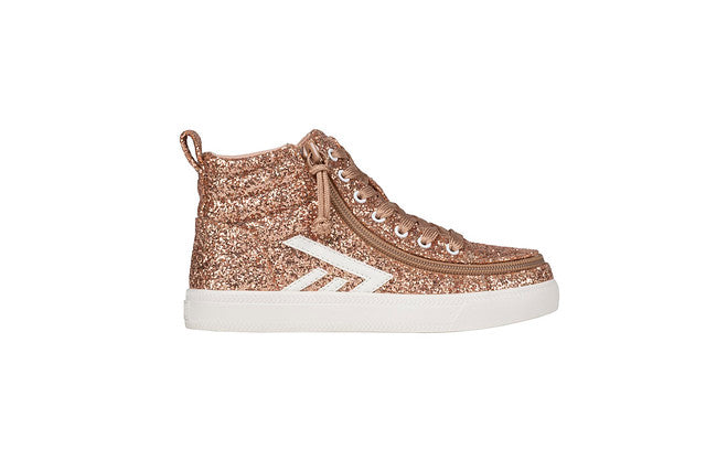 Billy Footwear (Kids) - Rose Gold Glitz CS Canvas Shoes featuring high tops, functional laces, and a wraparound zipper for easy access and a custom fit.