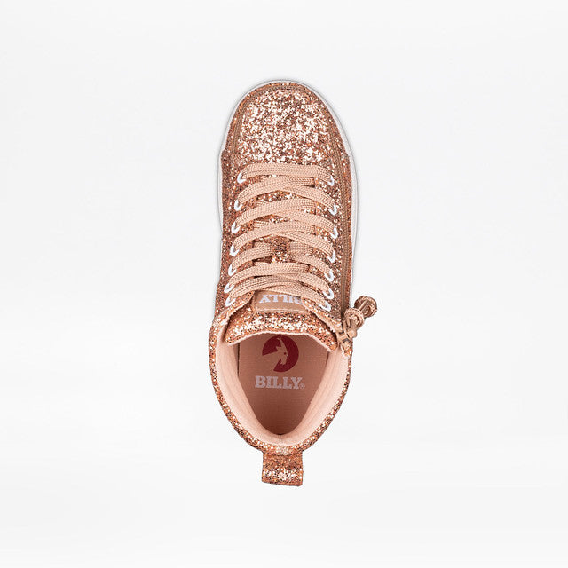 Billy Footwear (Kids) - Rose Gold Glitz CS Canvas Shoes with glittery high tops, wraparound zipper, functional laces, and removable insoles for comfort and style.