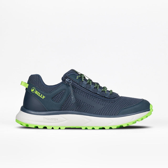 Men's Navy/Green BILLY Inclusion Trail shoe featuring a hiking-inspired design with a traction outsole, padded collar, and innovative short-wrap zipper for easy wear.