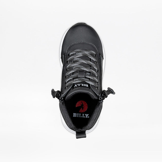 Billy Footwear (Kids) - Rugged Black BILLY Goat DZ High shoe with white sole, featuring dual zippers for easy access and a durable faux leather upper.