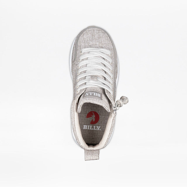 Close-up of Kids - Goat High Top Sport Grey Jersey shoe featuring a full wrap zipper and canvas texture, designed for easy wear and AFO compatibility.