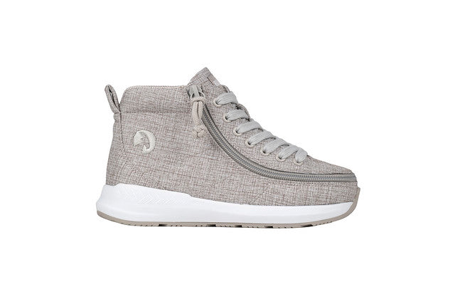 Kids - Goat High Top Sport Grey Jersey shoes with wrap-around zipper, designed for easy wear, featuring durable canvas and AFO-friendly technology for adaptable use.