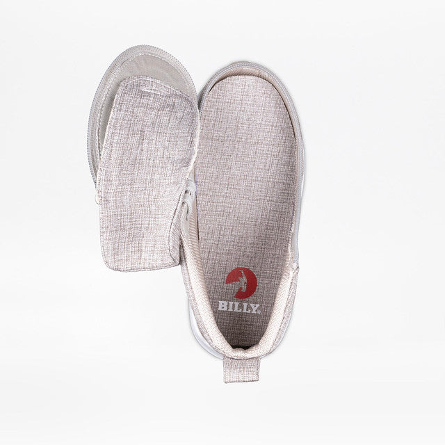 Kids - Goat High Top Sport Grey jersey slipper with logo, featuring wrap-around zipper and interchangeable cushioned inserts, designed for easy wear and AFO-friendliness.