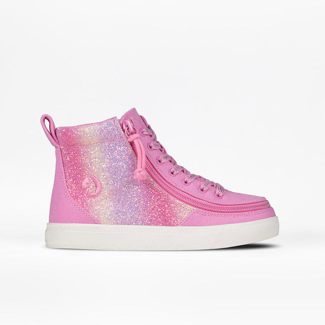 Billy Footwear (Kids) - High Top Pink Glitz Canvas Shoes with glitter and wrap-around zipper, designed for easy wear and adaptability.