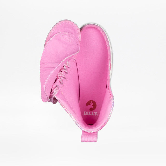 Billy Footwear (Kids) - High Top Pink Glitz Canvas Shoes featuring FlipTop Technology with wrap-around zipper and laces, designed for easy access and comfort.
