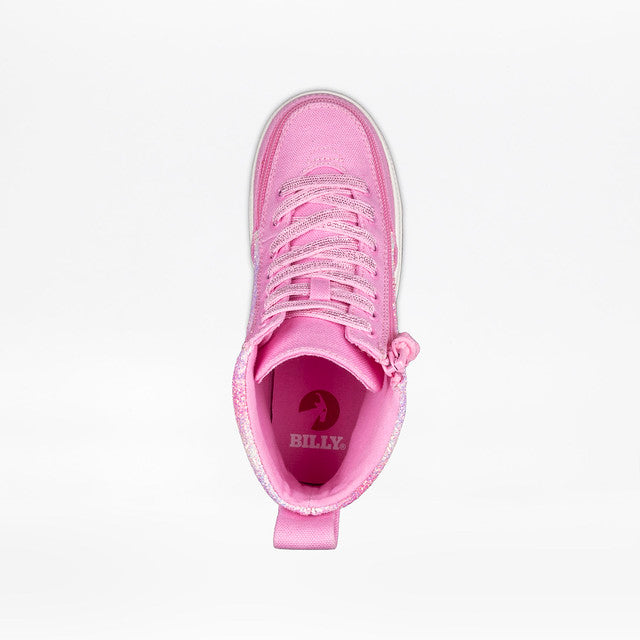 Billy Footwear (Kids) - High Top Pink Glitz Canvas Shoes feature a unique zippered design, enhancing accessibility for children with special needs.