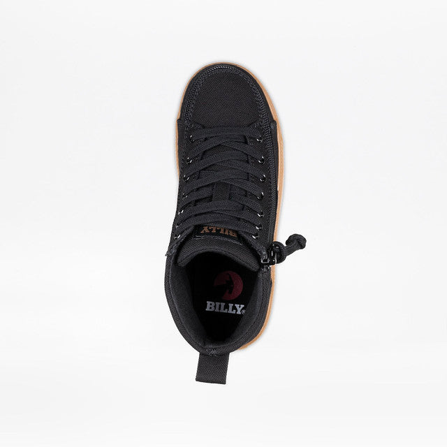 Billy Footwear (Men) - Black/Gum CS Canvas Shoes with orange and brown soles, featuring functional laces, removable insoles, and a wraparound zipper for convenience.
