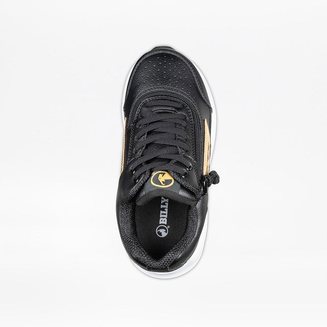 Billy Footwear Kids Goat Hoop Black/Gold sneaker with wrap-around zipper for easy access, AFO-friendly design, and removable cushioned inserts.