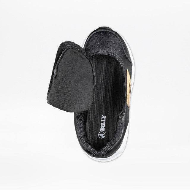 Billy Footwear (Kids) Goat Hoop Black/Gold shoe with a black strap, white sole, and wrap-around zipper, designed for easy accessibility and AFO compatibility.