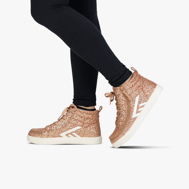 Billy Footwear (Kids) - Rose Gold Glitz CS Canvas Shoes with high tops, gold glitter, functional laces, and wraparound zipper for easy wear.