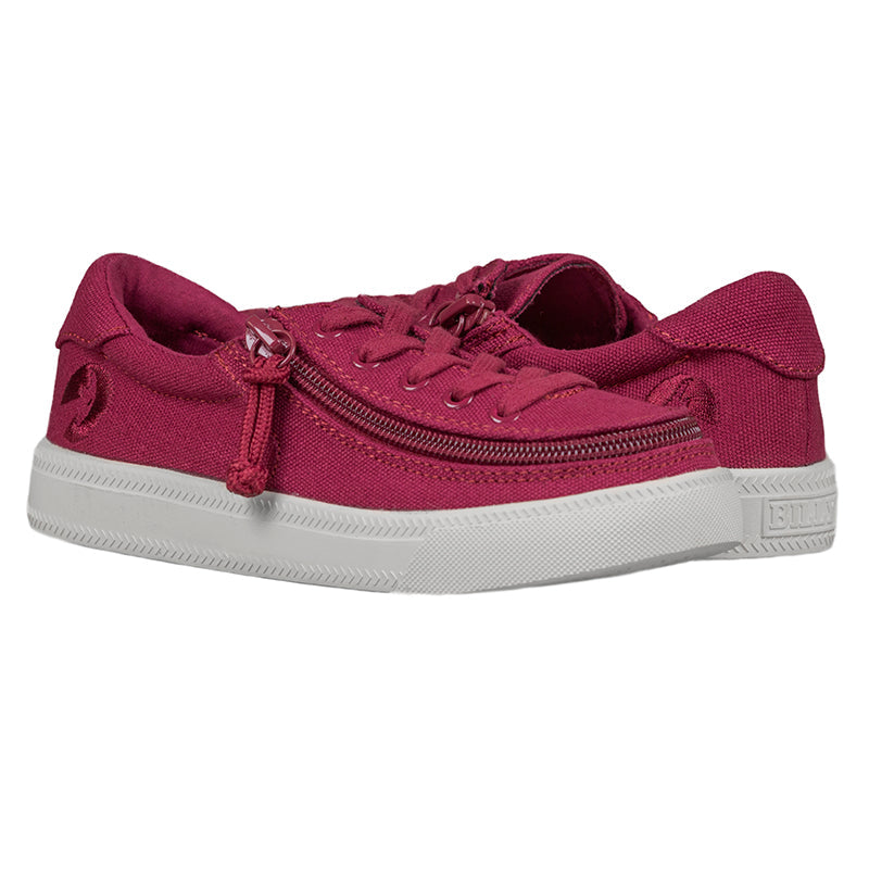 Kid's Wine BILLY Classic Lace Lows, zipper shoes, like velcro, that are adaptive, accessible, inclusive and use universal design to accommodate an afo. Footwear is medium and wide width, M, D and EEE, are comfortable, and come in toddler, kids, mens, and womens sizing.