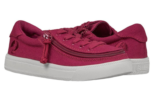 Kid's Wine BILLY Classic Lace Lows, zipper shoes, like velcro, that are adaptive, accessible, inclusive and use universal design to accommodate an afo. Footwear is medium and wide width, M, D and EEE, are comfortable, and come in toddler, kids, mens, and womens sizing.