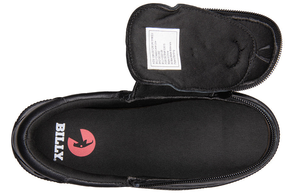 Toddlers - Black to the Floor Leather BILLY Classic Lace Lows, featuring a sleek leather upper, lightweight fabric inner, rubber outsole, and adjustable cotton-blend laces with removable inserts.