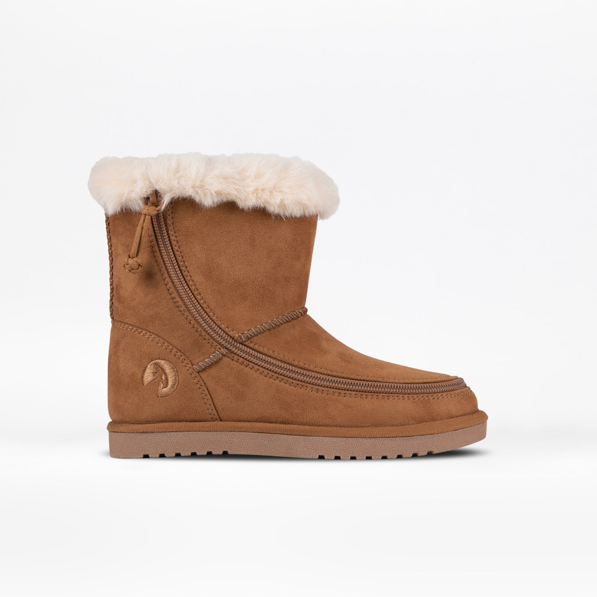 Toddlers - Chestnut BILLY Cozy II: Tan suede winter boot with faux-fur cuff, easy-access zipper, and ridged sole, designed for comfort and ease for toddlers.