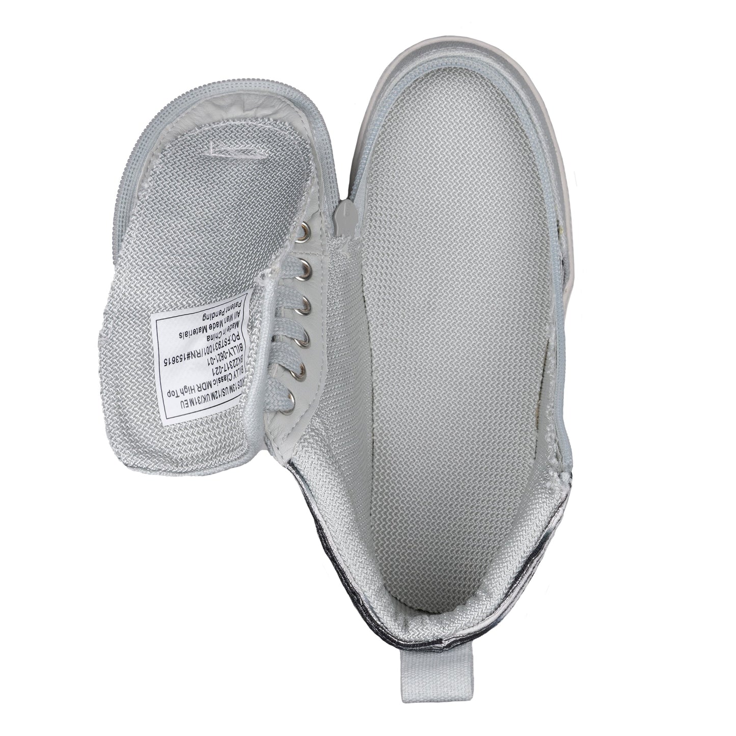 Kids - Silver Streak BILLY Classic D|R High Top sneaker with flip-top zipper and removable insoles, viewed from above showing lining and label.
