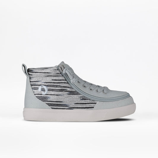 Kids - Silver Streak BILLY Classic D|R High sneaker with light-gray canvas, off-white rubber sole, wrap-around zipper, side stripes, and easy-access pull tab.