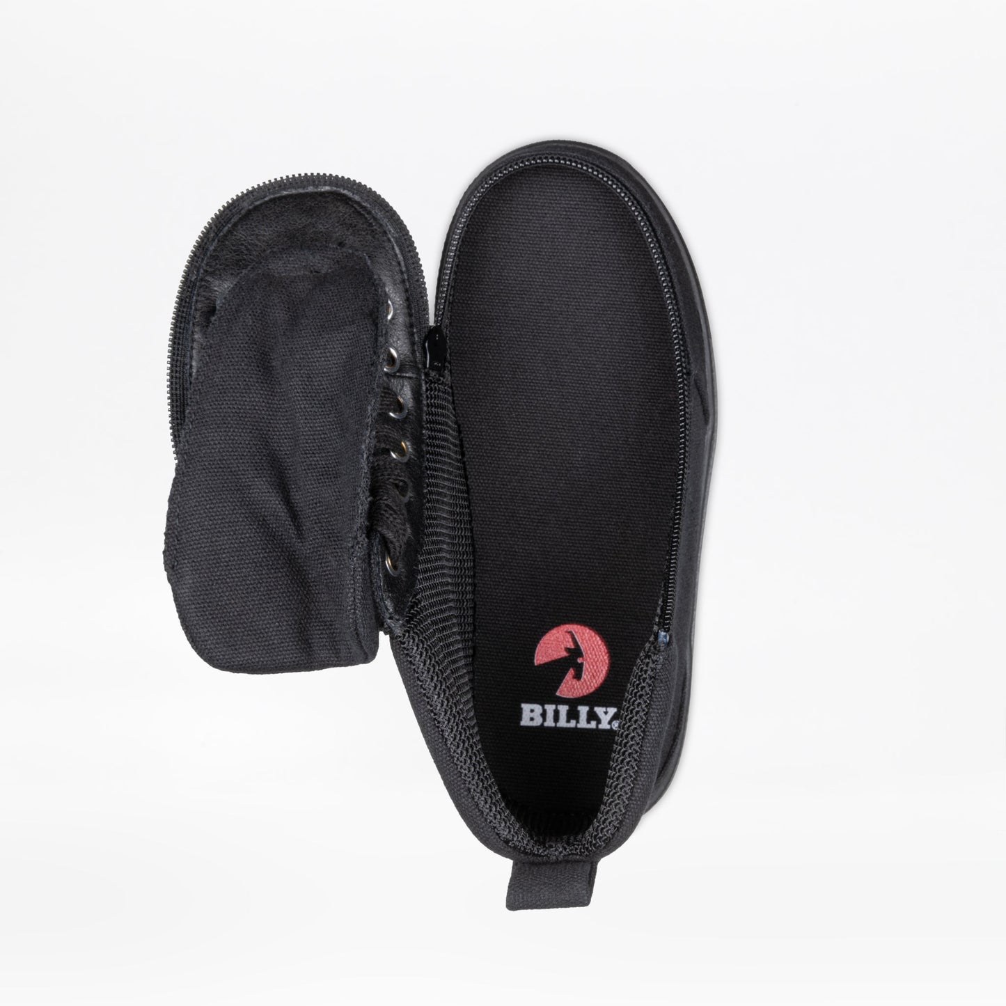 Black canvas BILLY Classic D|R II High Top shoe with side zipper open, revealing insole with red logo, showcasing accessibility features for custom orthotics.