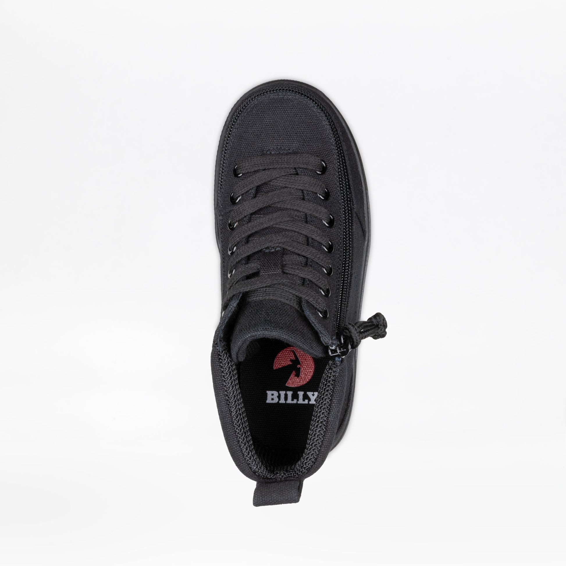 Kids - Black to the Floor BILLY Classic D|R II High Top sneaker with canvas uppers, lace-up front, side zipper, and visible BILLY logo on insole.