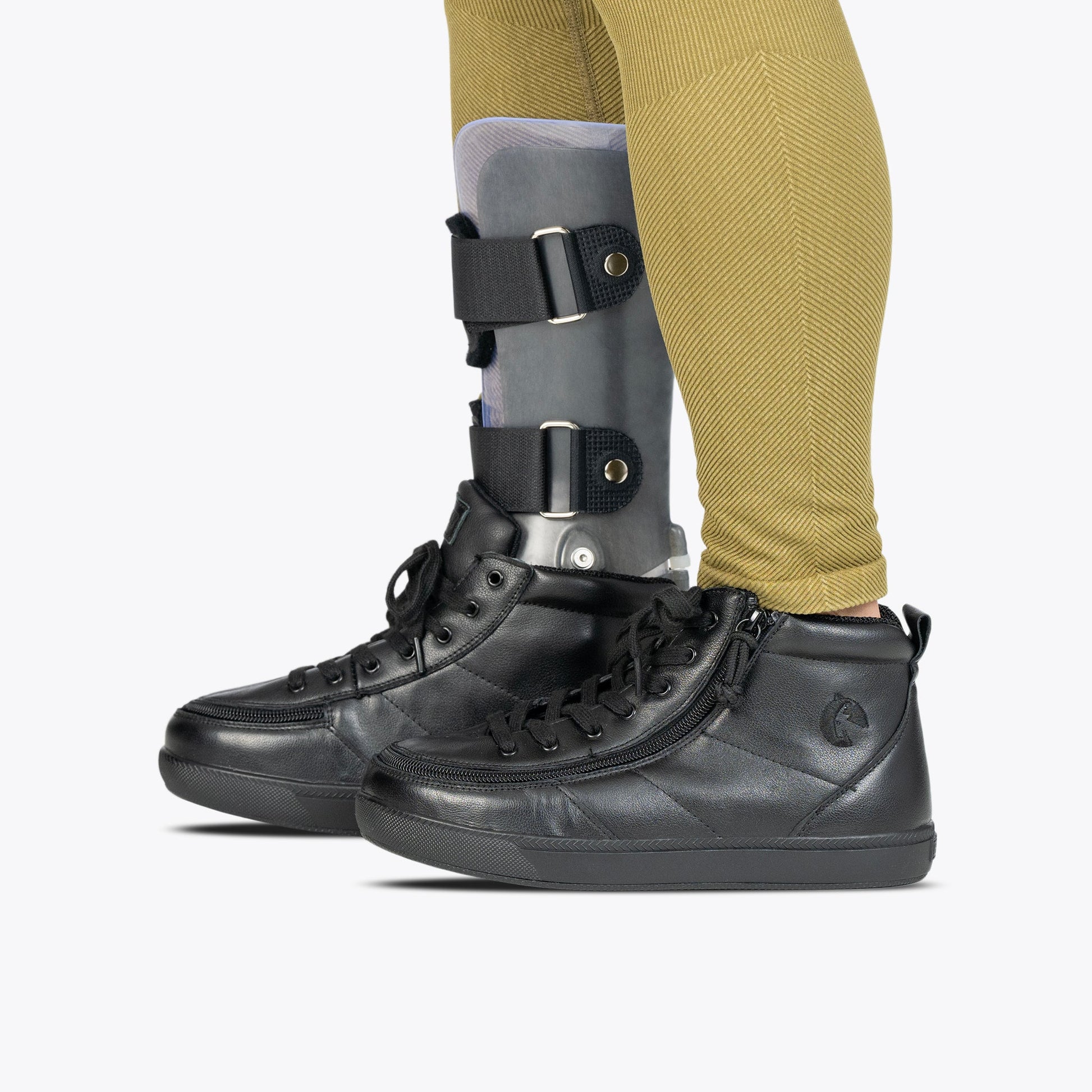 Kids wearing Black to the Floor Leather BILLY Classic D|R II High Top boots with adjustable laces and full-wrap zipper closure for easy entry.