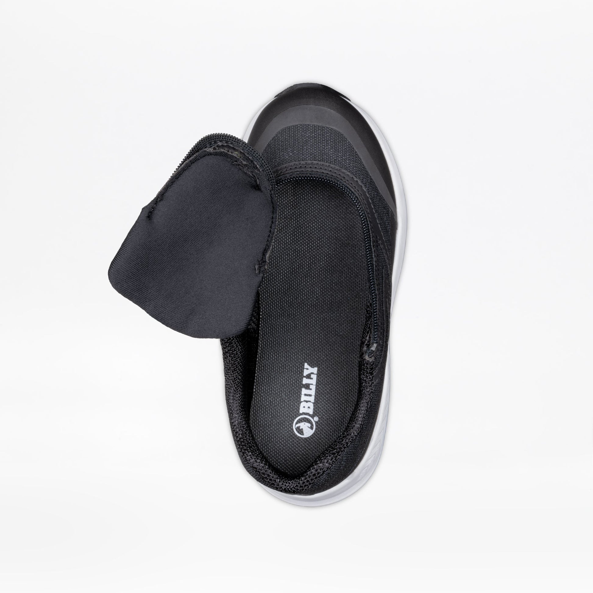 Black BILLY Goat shoe with a white sole, featuring a short wrap zipper for easy use, designed for AFO compatibility and enhanced accessibility.