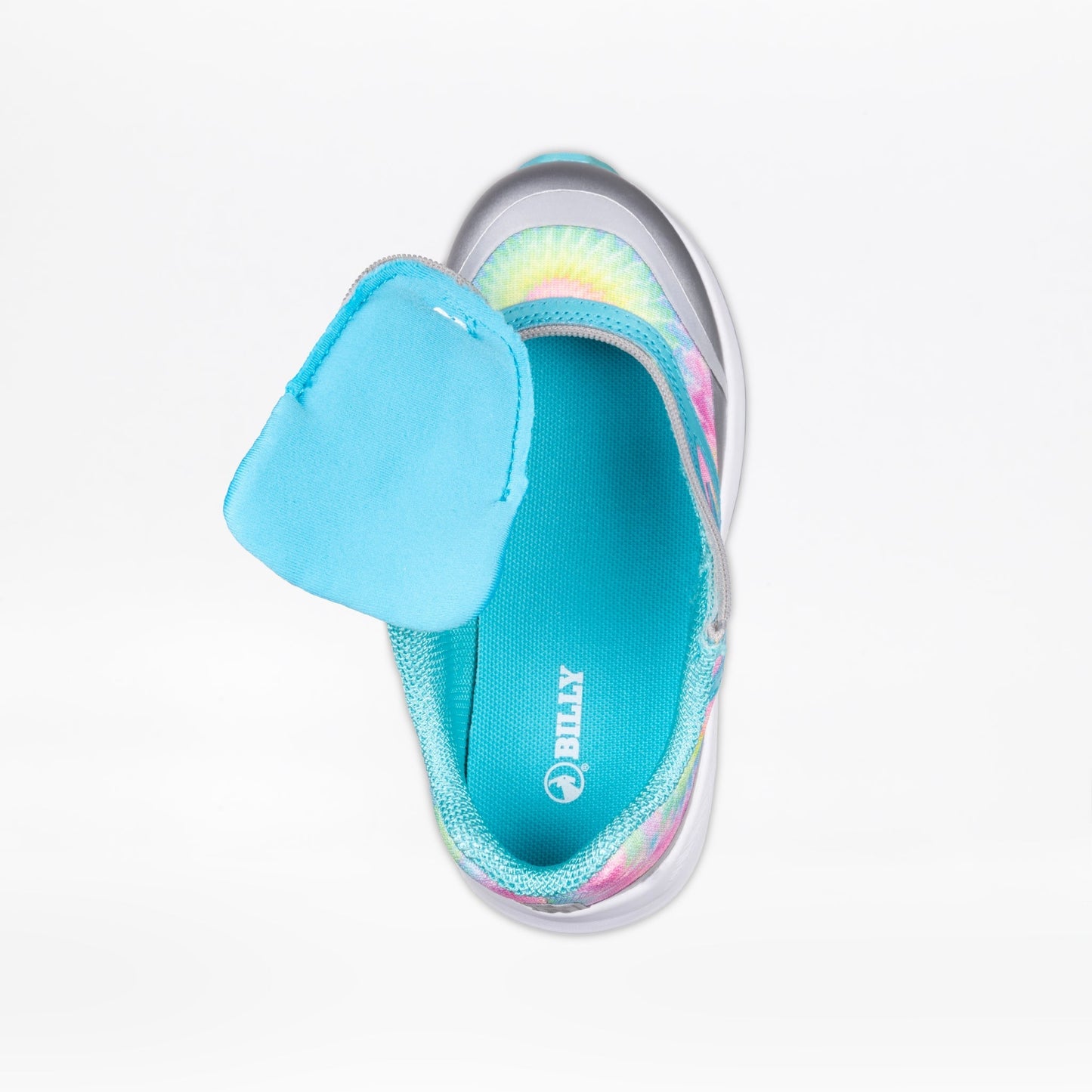 Rainbow Tie Dye BILLY Goat shoe featuring AFO-friendly design with short-wrap zipper, crafted in collaboration with Boston Orthotics & Prosthetics for easy wear.