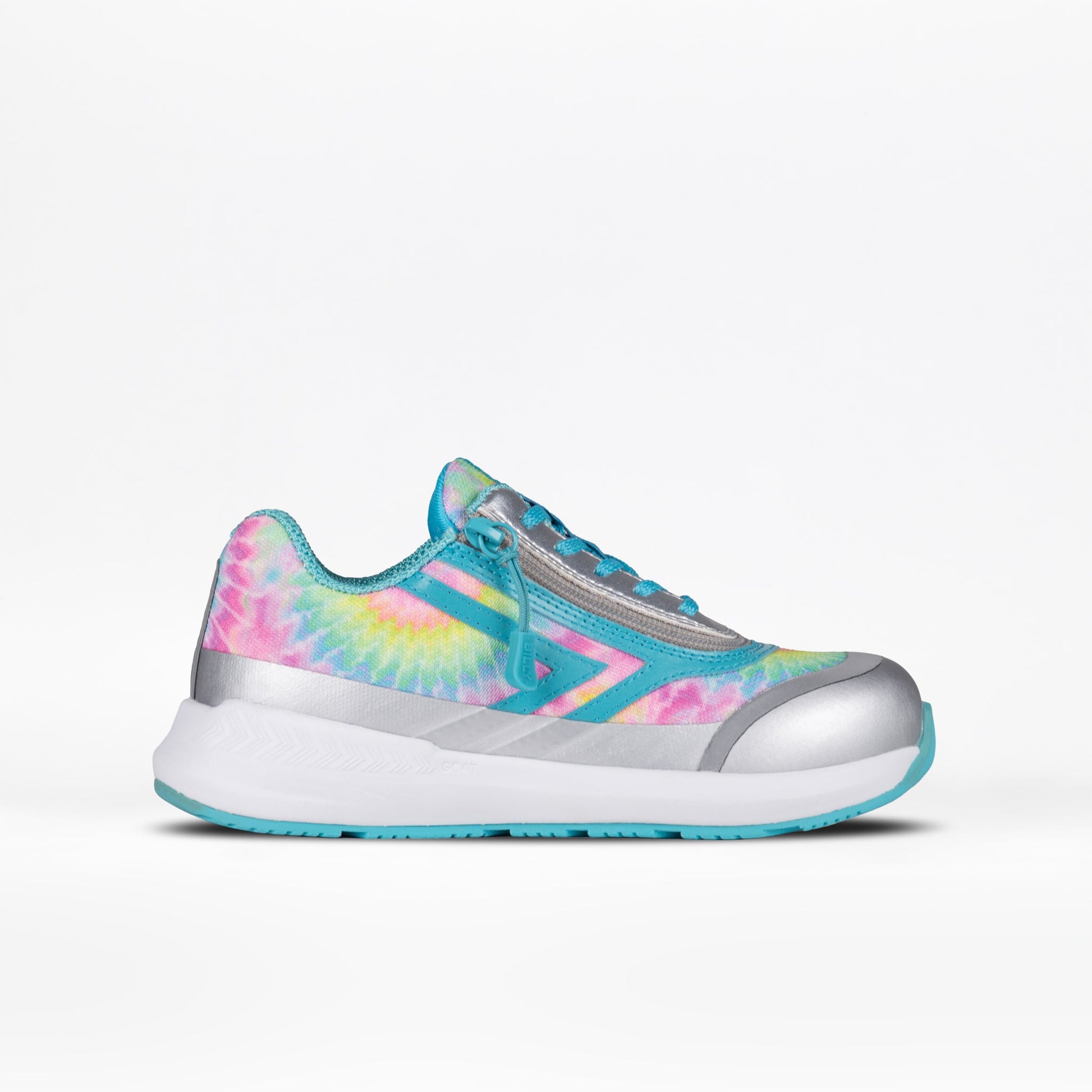 Rainbow Tie Dye BILLY Goat shoe featuring a short-wrap zipper for easy use, AFO-friendly design, ideal for accessibility and comfort.