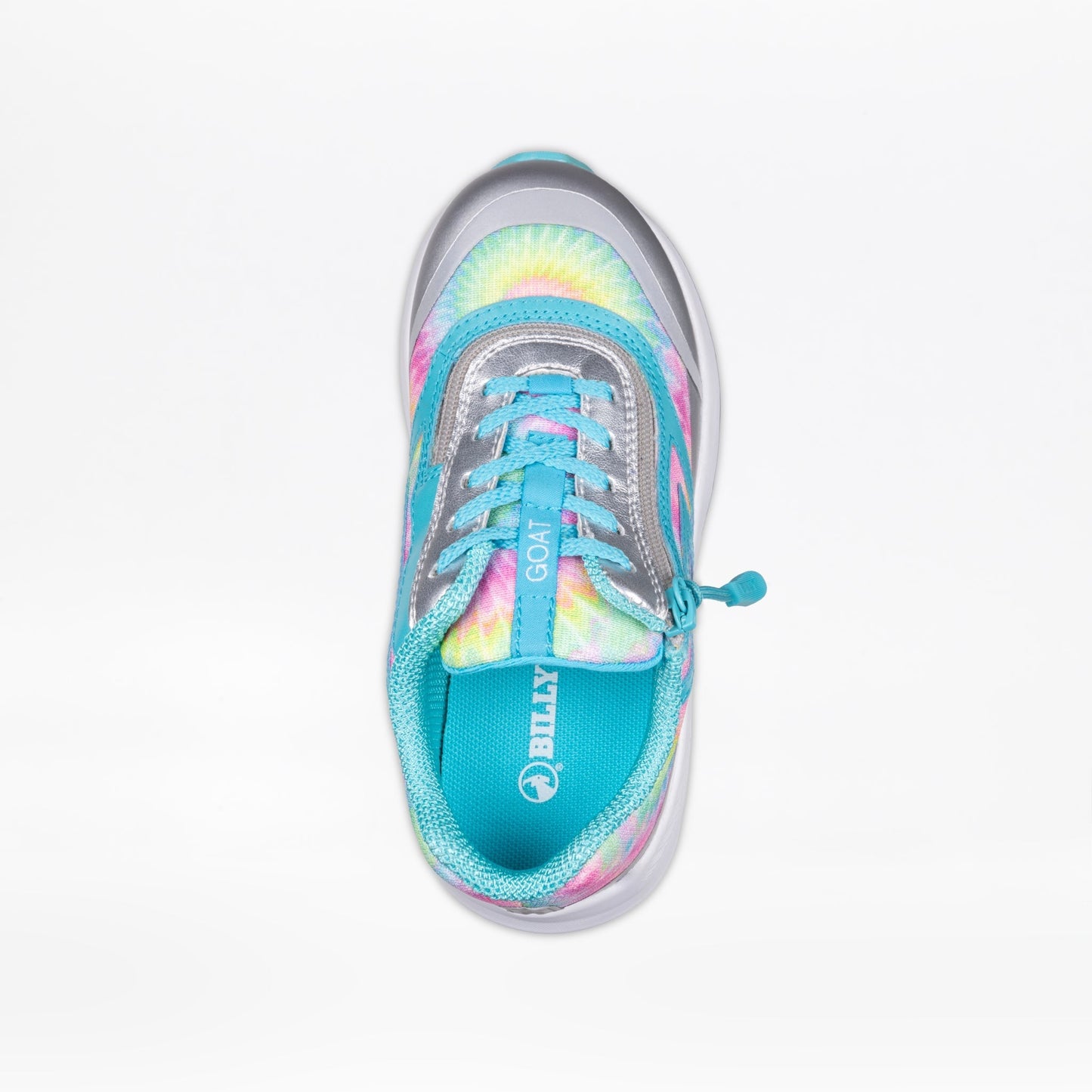 Rainbow Tie Dye BILLY Goat shoe with a short-wrap zipper, designed for AFO compatibility and easy wear, showcased on a plain background.