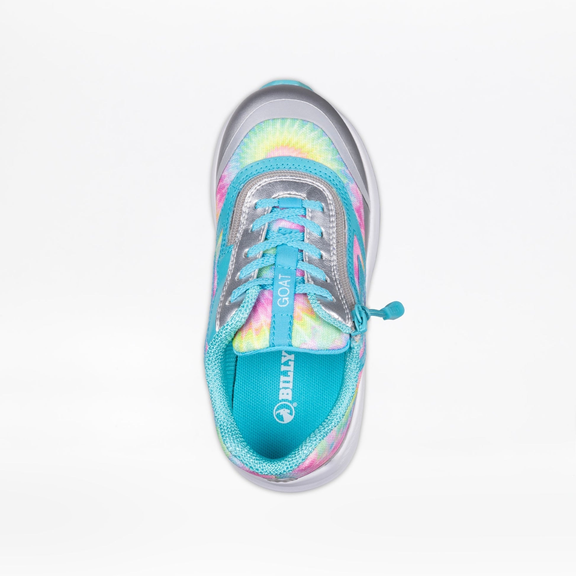Rainbow Tie Dye BILLY Goat shoe with a short-wrap zipper, designed for AFO compatibility and easy wear, showcased on a plain background.