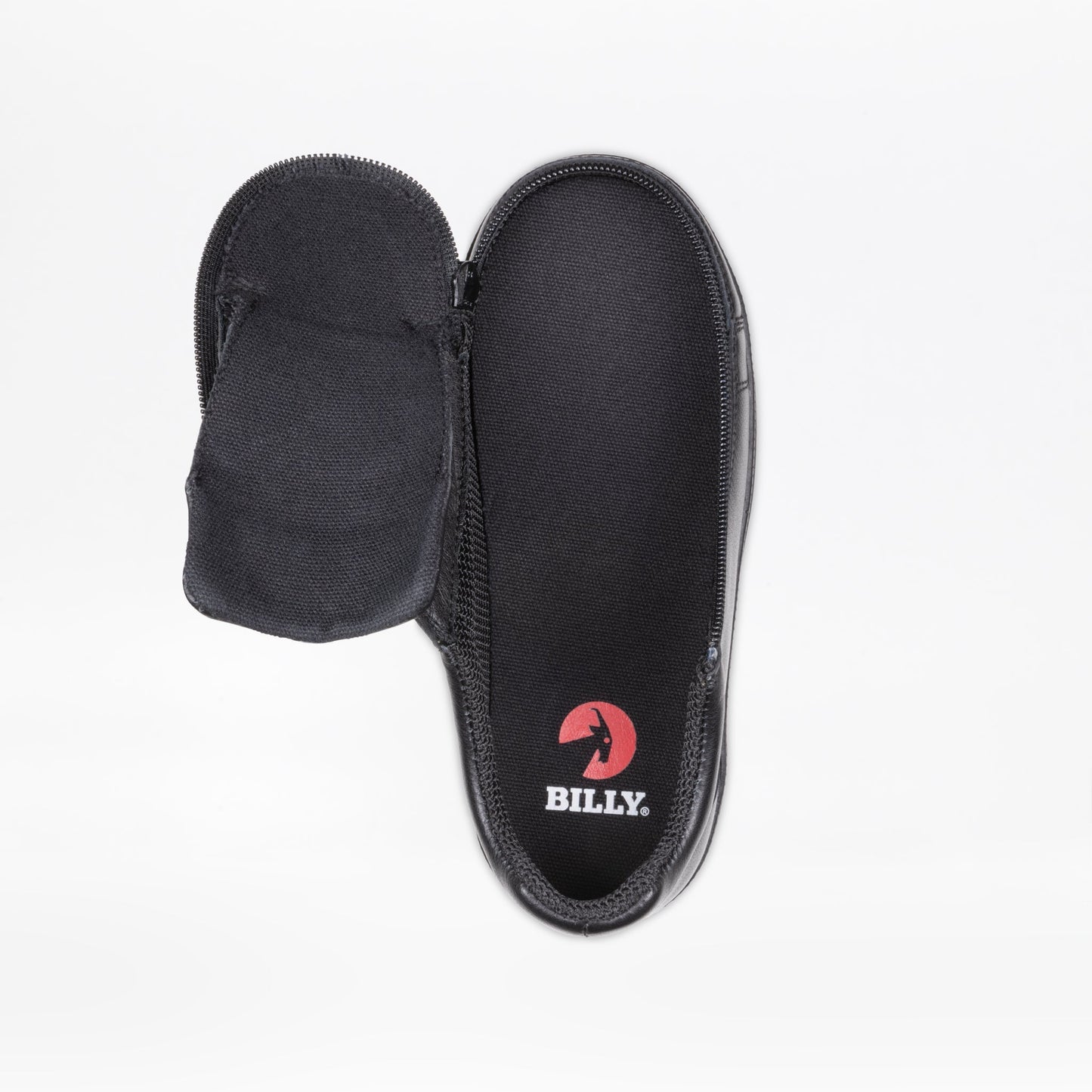 Close-up of the Black to the Floor Leather BILLY Classic D|R II Low Top shoe, featuring a logo and a full-wrap zipper for easy access.