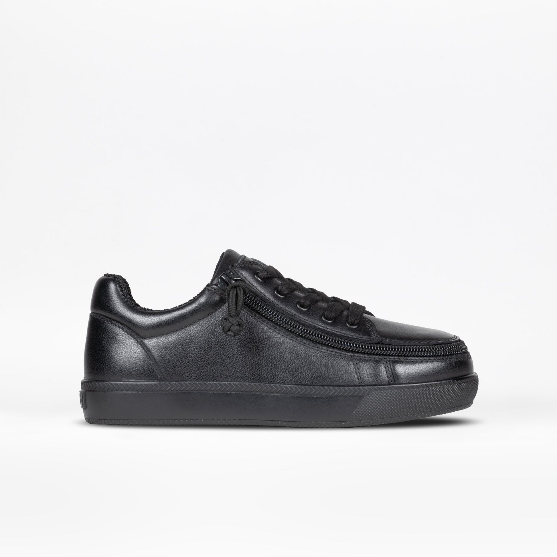 Close-up of the Black to the Floor Leather BILLY Classic D|R II Low Top, featuring adjustable laces and an easy-access full-wrap zipper closure.