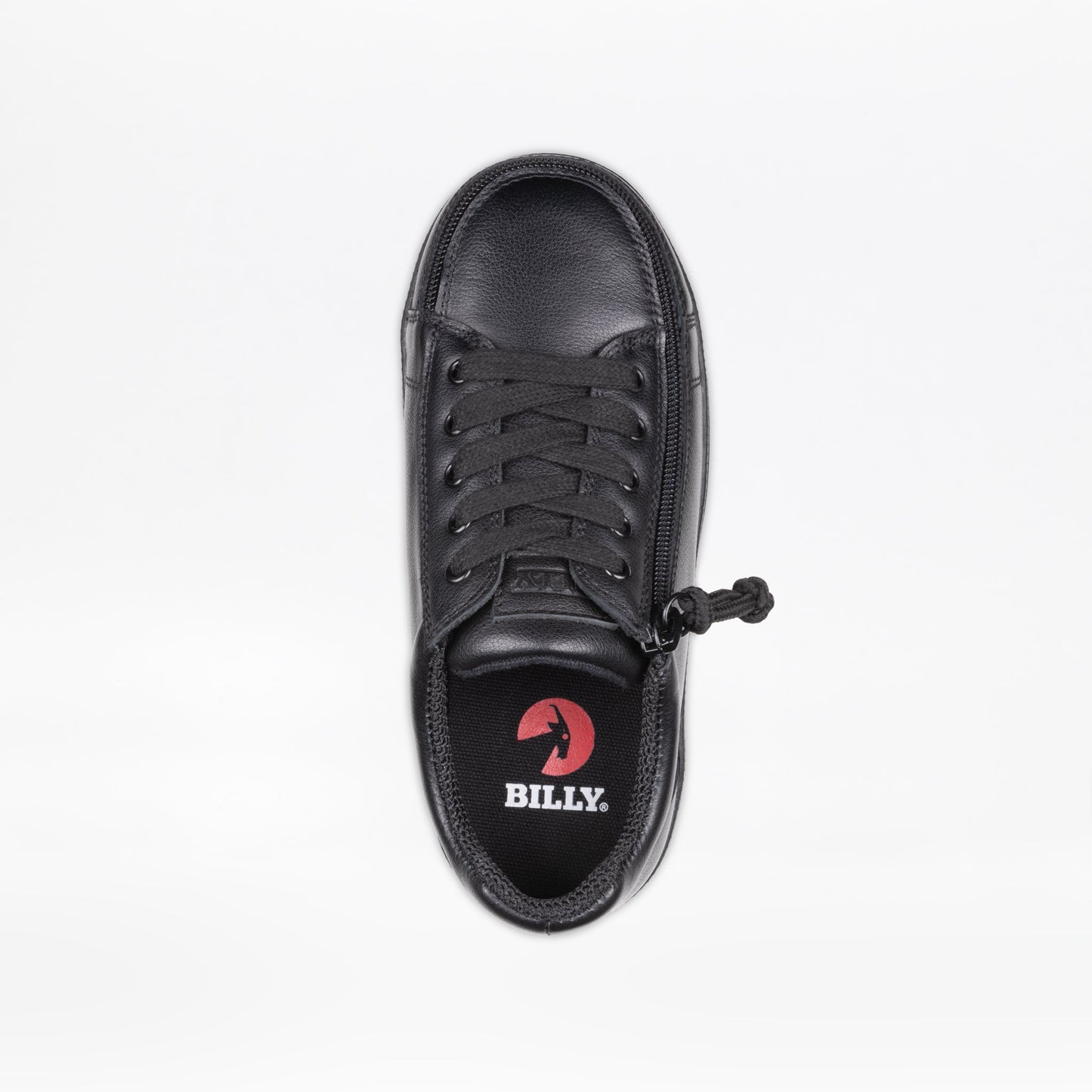 Close-up of the Toddlers - Black to the Floor Leather BILLY Classic D|R II Low, showcasing AFO-friendly design with functional laces and full-wrap zipper closure.