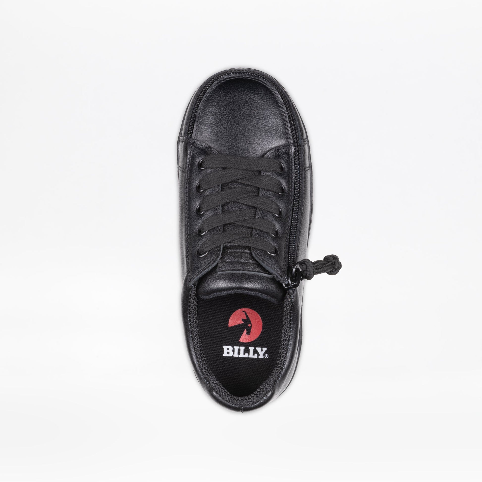 Close-up of the Toddlers - Black to the Floor Leather BILLY Classic D|R II Low, showcasing AFO-friendly design with functional laces and full-wrap zipper closure.