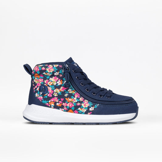 Navy Floral BILLY Goat Classic High Top shoe with floral pattern and AFO-friendly design, featuring a full-wrap zipper for easy access.