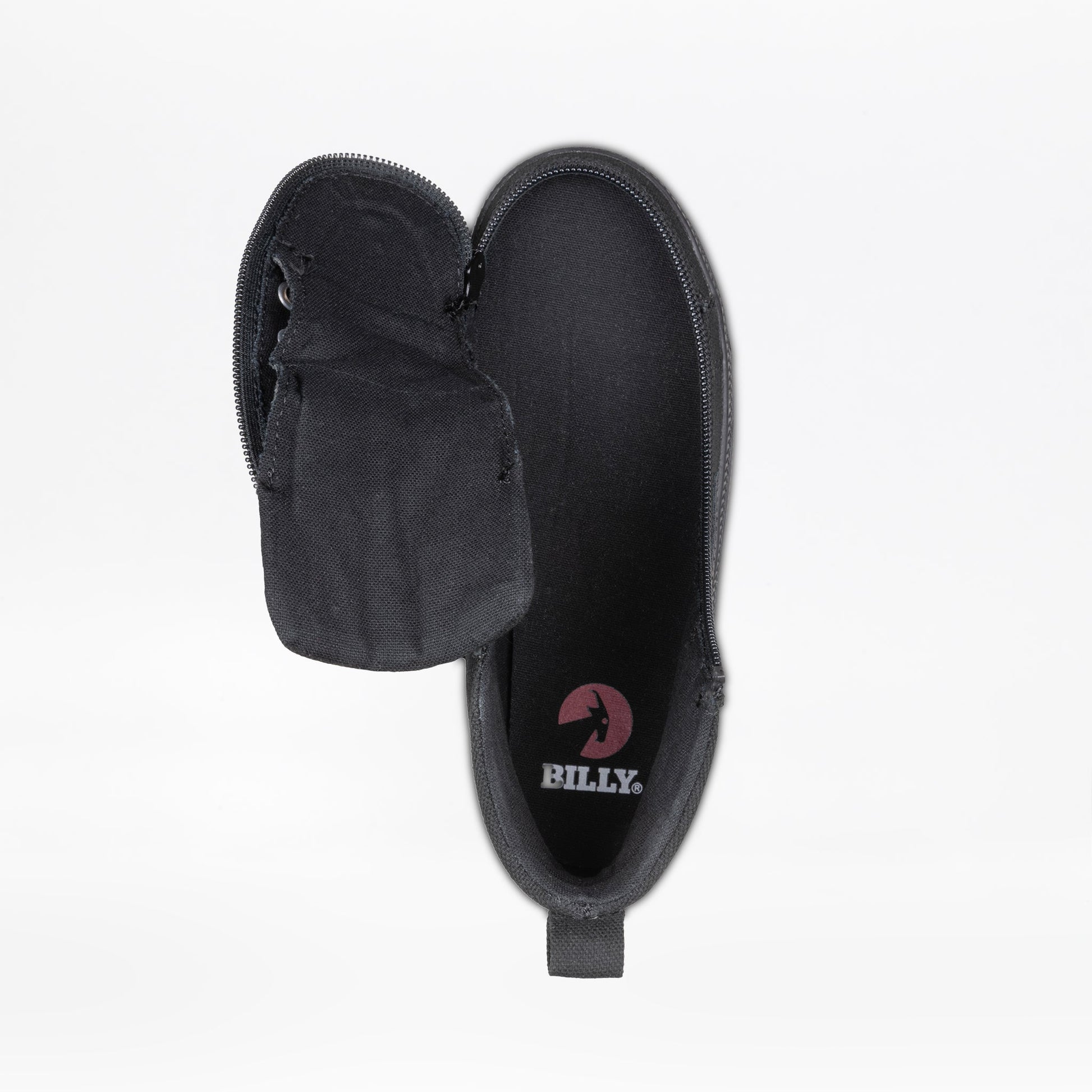 Black to the Floor BILLY CS High Tops featuring a sock overlay, functional laces, removable insoles, and wraparound zipper for easy accessibility.