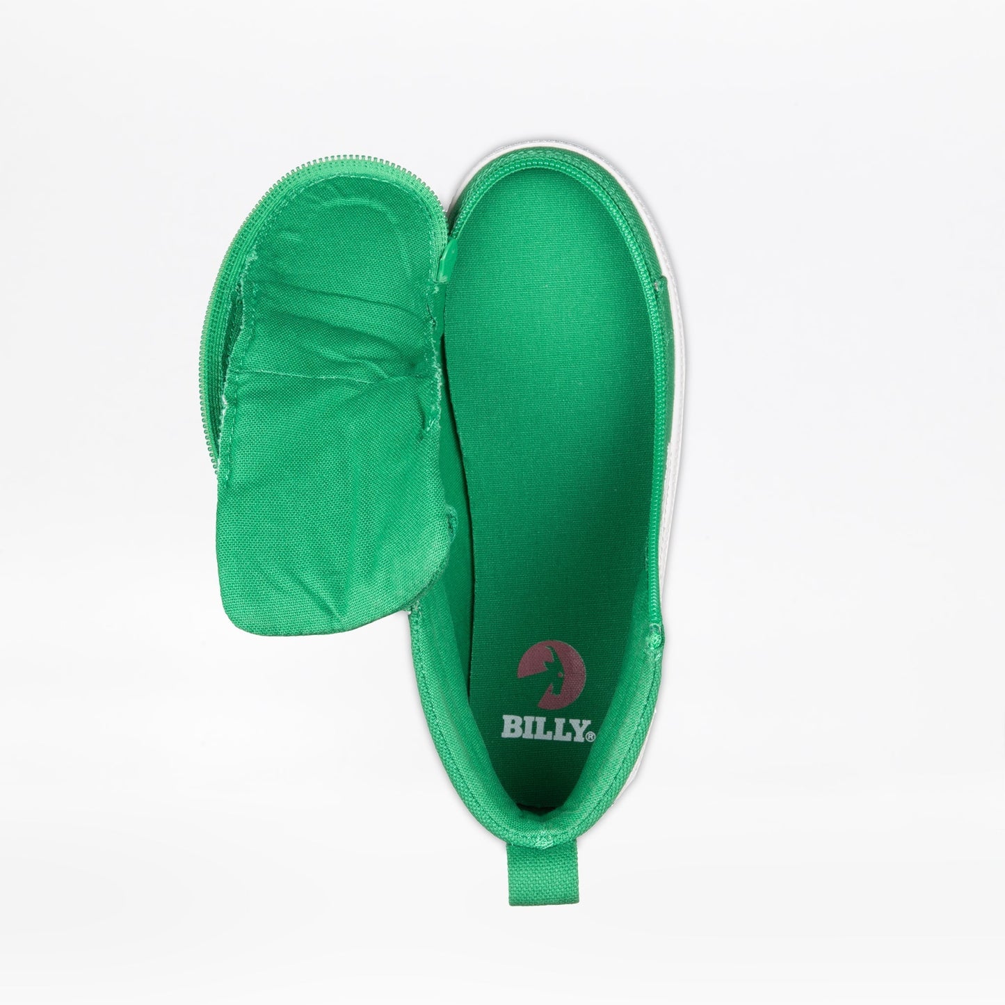 Green/White BILLY CS High Tops featuring a white sole, functional laces, removable insoles, and a convenient wraparound zipper for easy wearing.