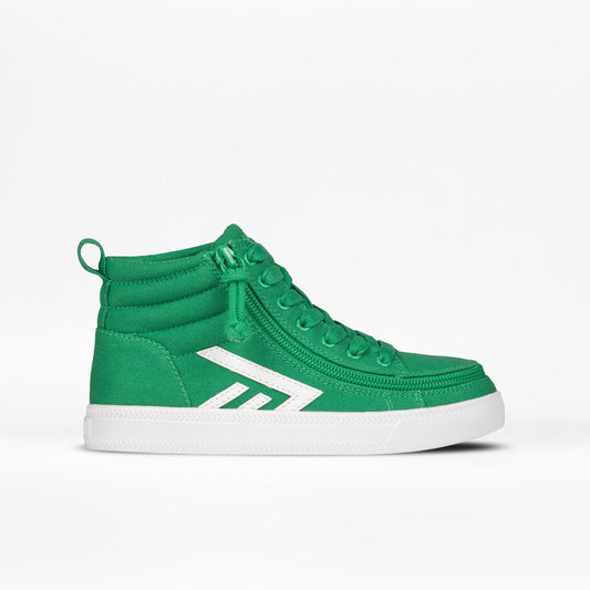 Green/White BILLY CS High Tops with functional laces, removable insoles, and a wraparound zipper, designed for convenience and a nostalgic skate-inspired look.