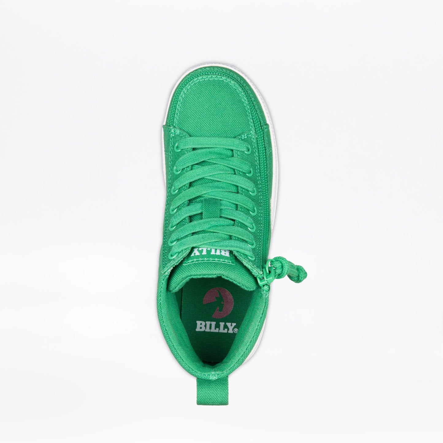 Green/White BILLY CS High Tops with white sole, featuring functional laces, removable insoles, and wraparound zipper for easy access.