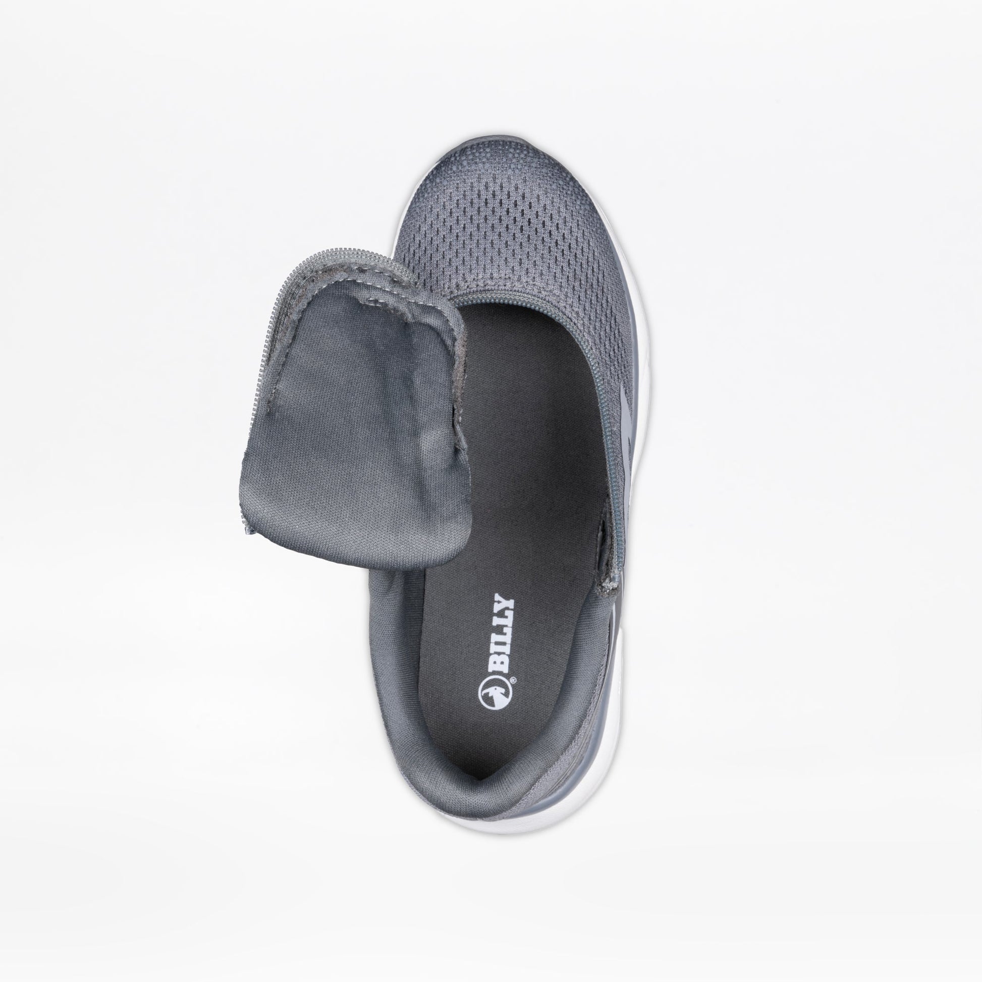 Charcoal BILLY Sport Inclusion sneakers with a white sole, featuring an innovative short-wrap zipper and padded collar for easy wear and all-day comfort.