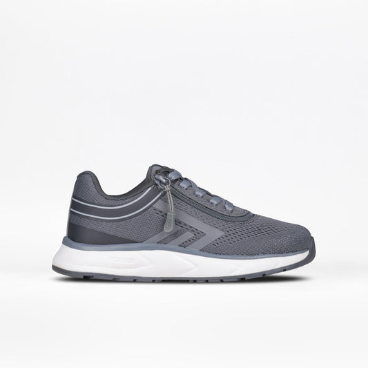 Charcoal BILLY Sport Inclusion sneaker with padded collar and innovative short-wrap zipper for easy access, featuring a sleek grey and white design.