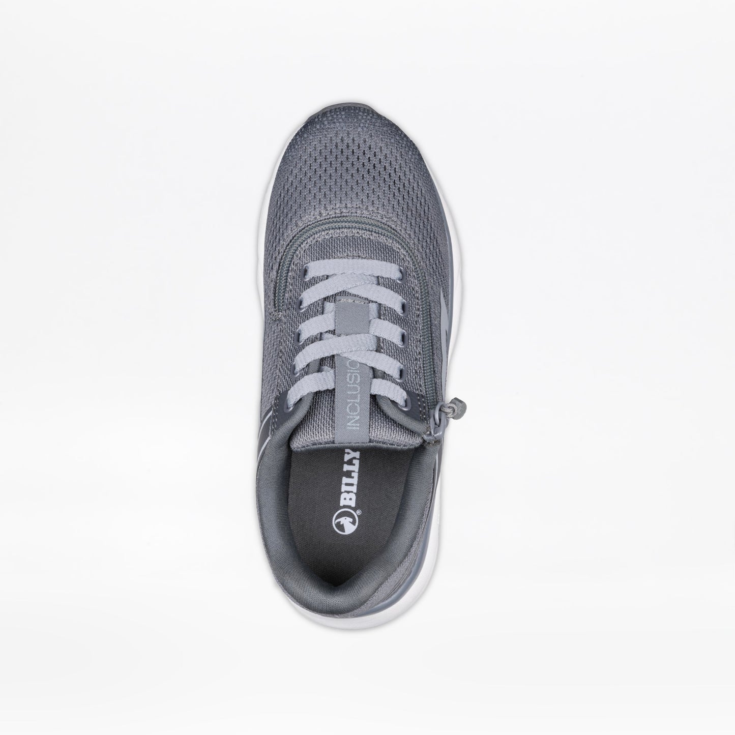 Charcoal BILLY Sport Inclusion sneakers with white sole, padded collar, comfortable insole, and short-wrap zipper for easy wear.