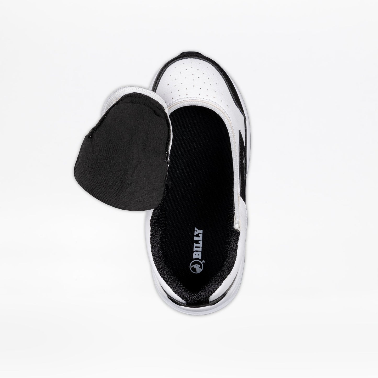 White/Black BILLY Goat Hoop shoe, featuring an AFO-friendly design with a distinctive short-wrap zipper for easy wear, crafted in collaboration with Boston Orthotics & Prosthetics.