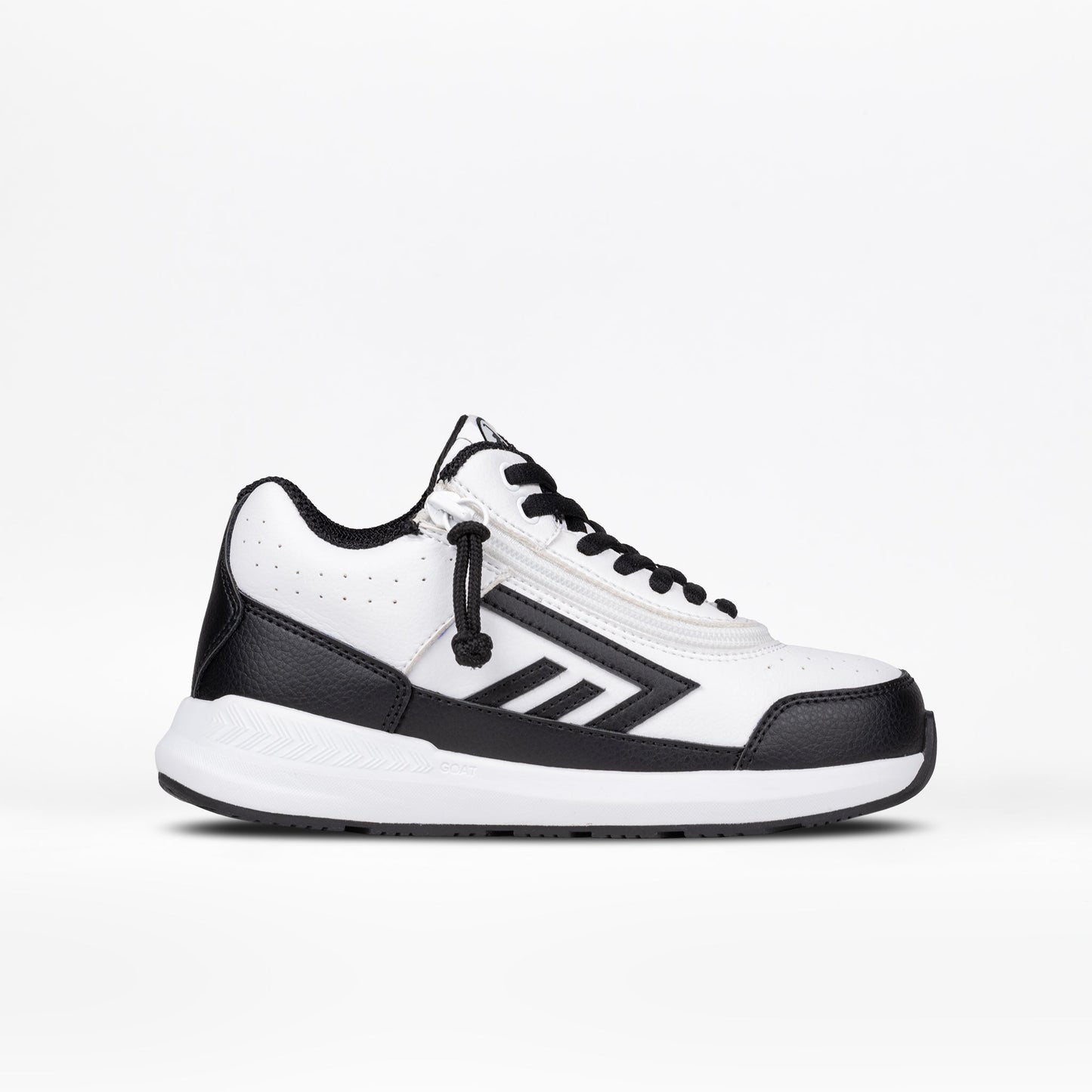White/Black BILLY Goat Hoop AFO-Friendly shoe with short-wrap zipper, designed for easy wear and removal, suitable for orthotic use.