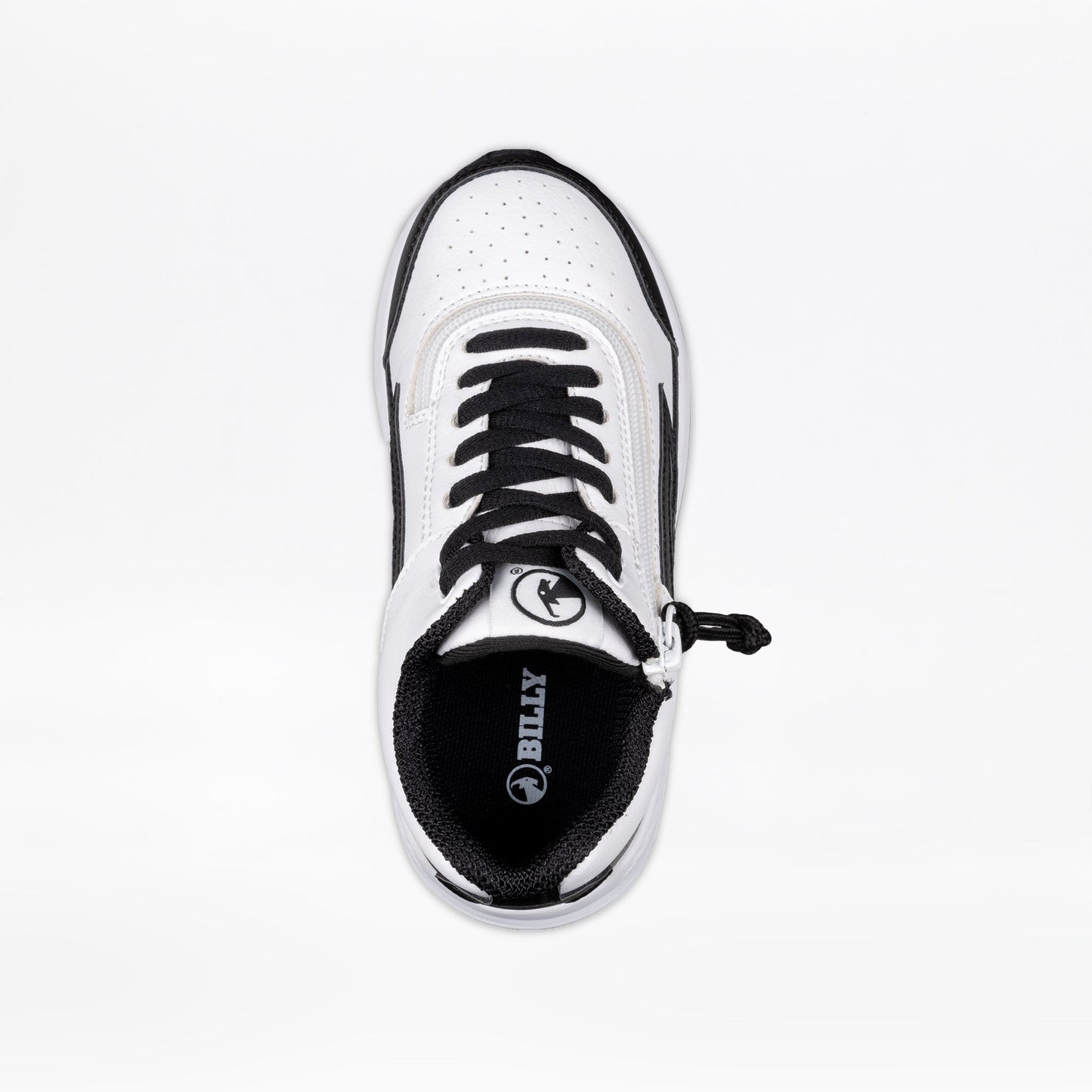 White/Black BILLY Goat Hoop shoe, featuring a short-wrap zipper for easy access, designed in collaboration with Boston Orthotics & Prosthetics for AFO compatibility.