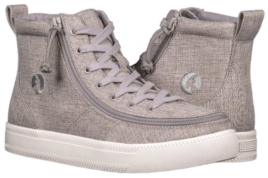 Men's Grey Jersey BILLY Classic Lace Highs, featuring chambray linen upper, lightweight canvas inner, rubber outsole, and adjustable cotton-blend laces, ideal for comfortable wear.
