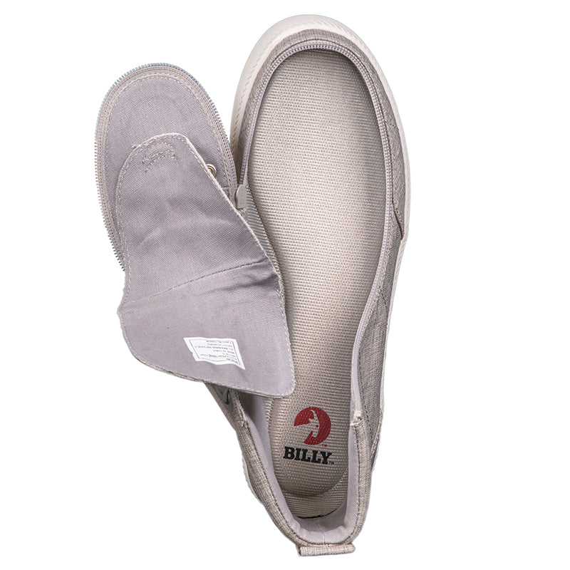 Men's Grey Jersey BILLY Classic Lace Highs, featuring chambray linen upper, lightweight canvas inner, and rubber outsole, designed for easy accessibility with adjustable cotton-blend laces.